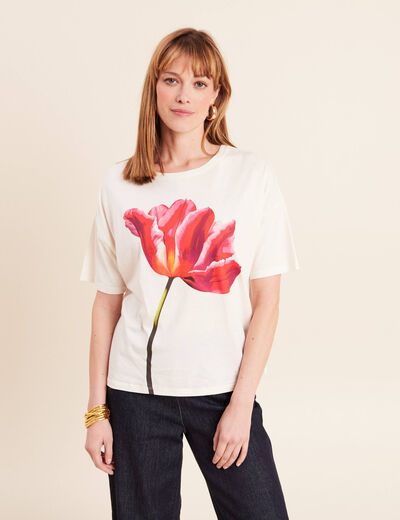 T-shirt col rond manches courtes ecru femme
