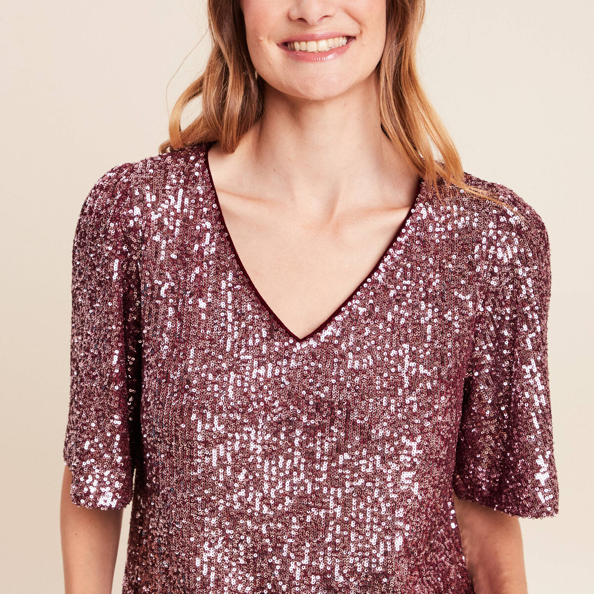 T-shirt &agrave; sequins manches coudes bordeaux femme