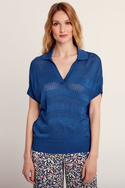 Pull manches courtes col polo bleu electrique femme
