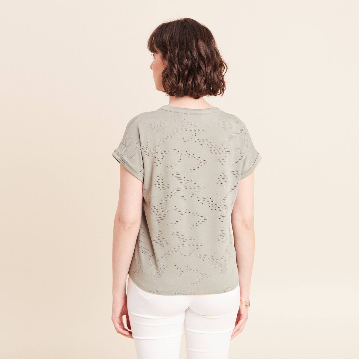 T-shirt col tunisien manches courtes vert clair femme