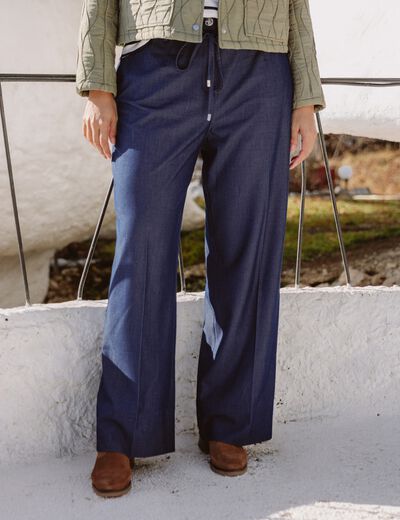 Pantalon coupe large taille haute fluide denim brut femme