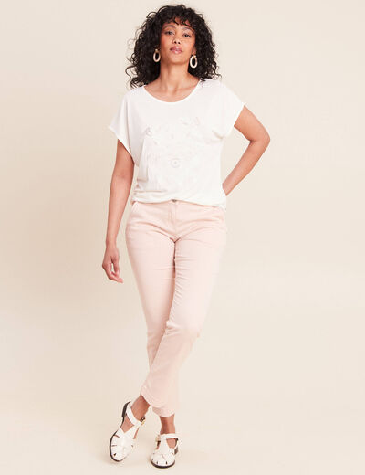 Pantalon coupe chino taille bascul&eacute;e rose poudr&eacute;e femme