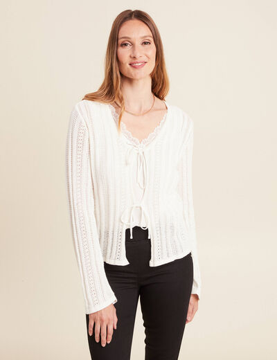 Gilet mi-long manches longues ecru femme