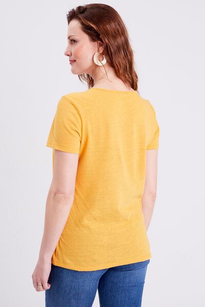 T-shirt manches courtes col en V jaune moutarde femme