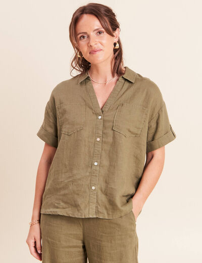 Chemise ample manches courtes aspect lin vert kaki femme