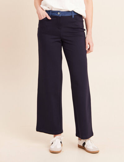 Pantalon large bi-mati&egrave;re bleu fonc&eacute; femme