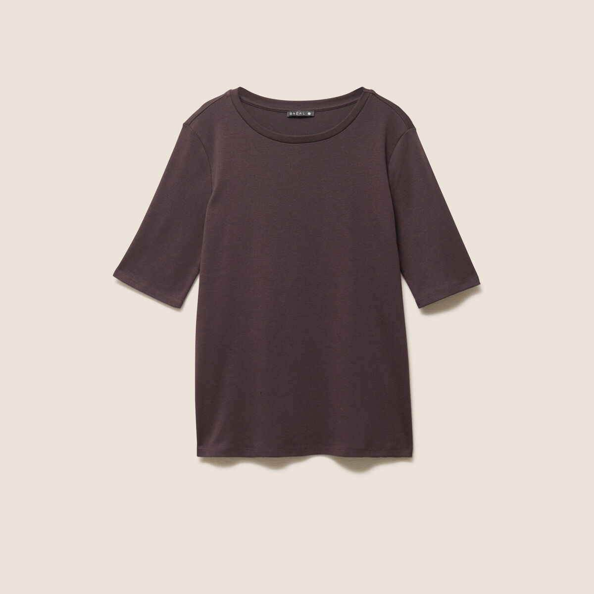 T-shirt ajust&eacute; col rond manches coudes marron fonc&eacute; femme