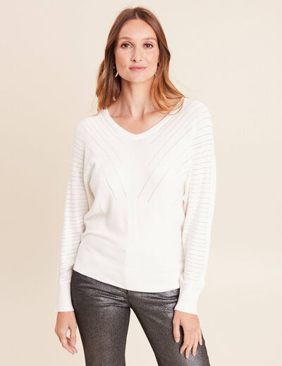 Pull ajust&eacute; col bateau strass ecru femme