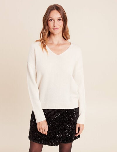 Pull en cachemire col v ecru femme