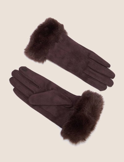 Gants en fausse fourrure marron fonc&eacute; femme