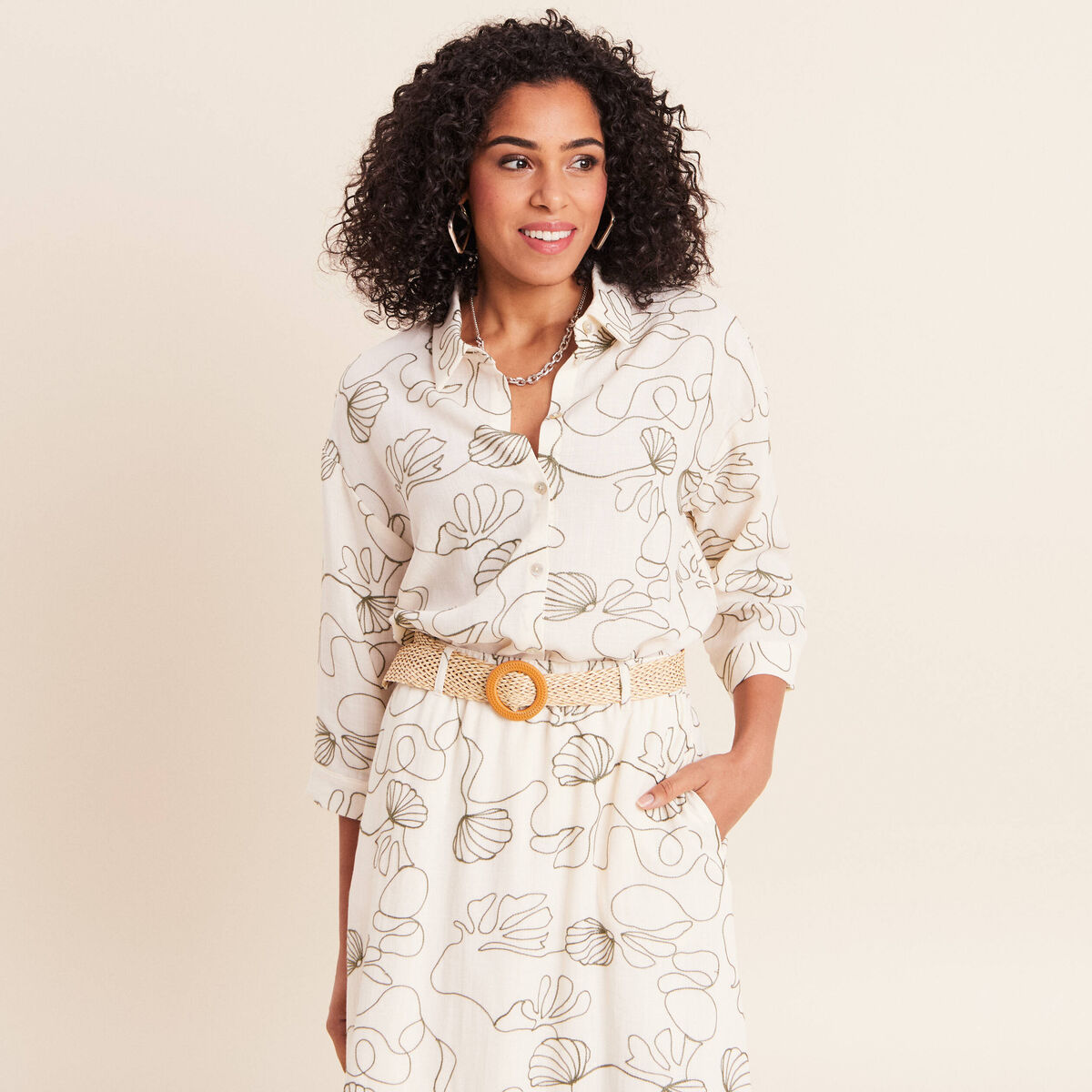 Chemise broderie col chemise manches 3/4 vert femme
