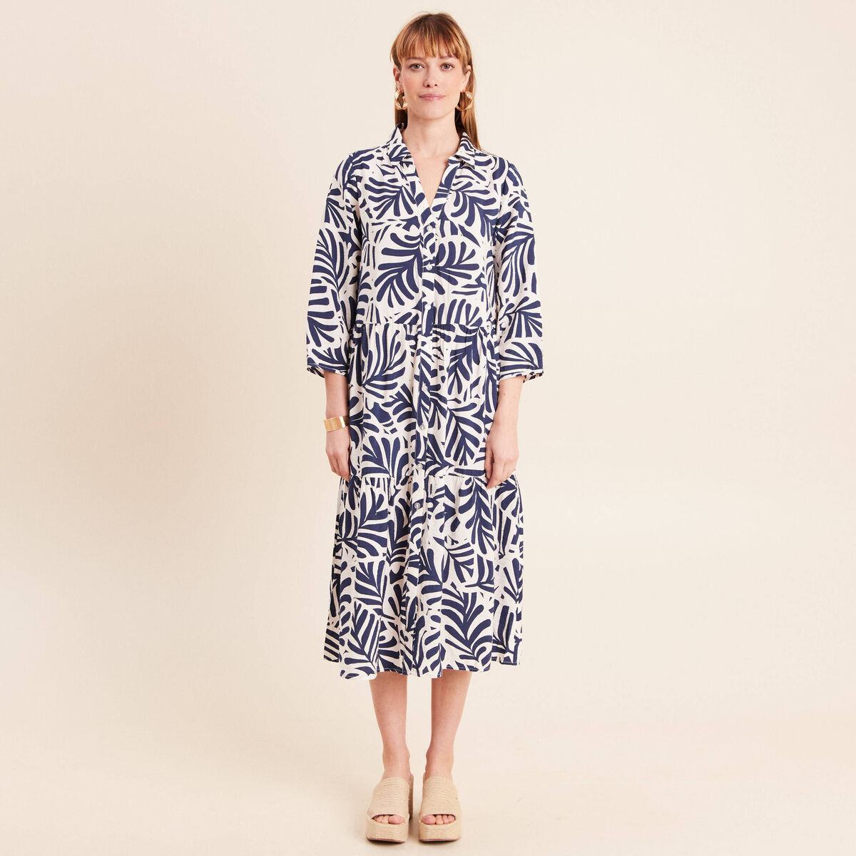 Robe fluide col am&eacute;ricain manches 3/4 blanc femme