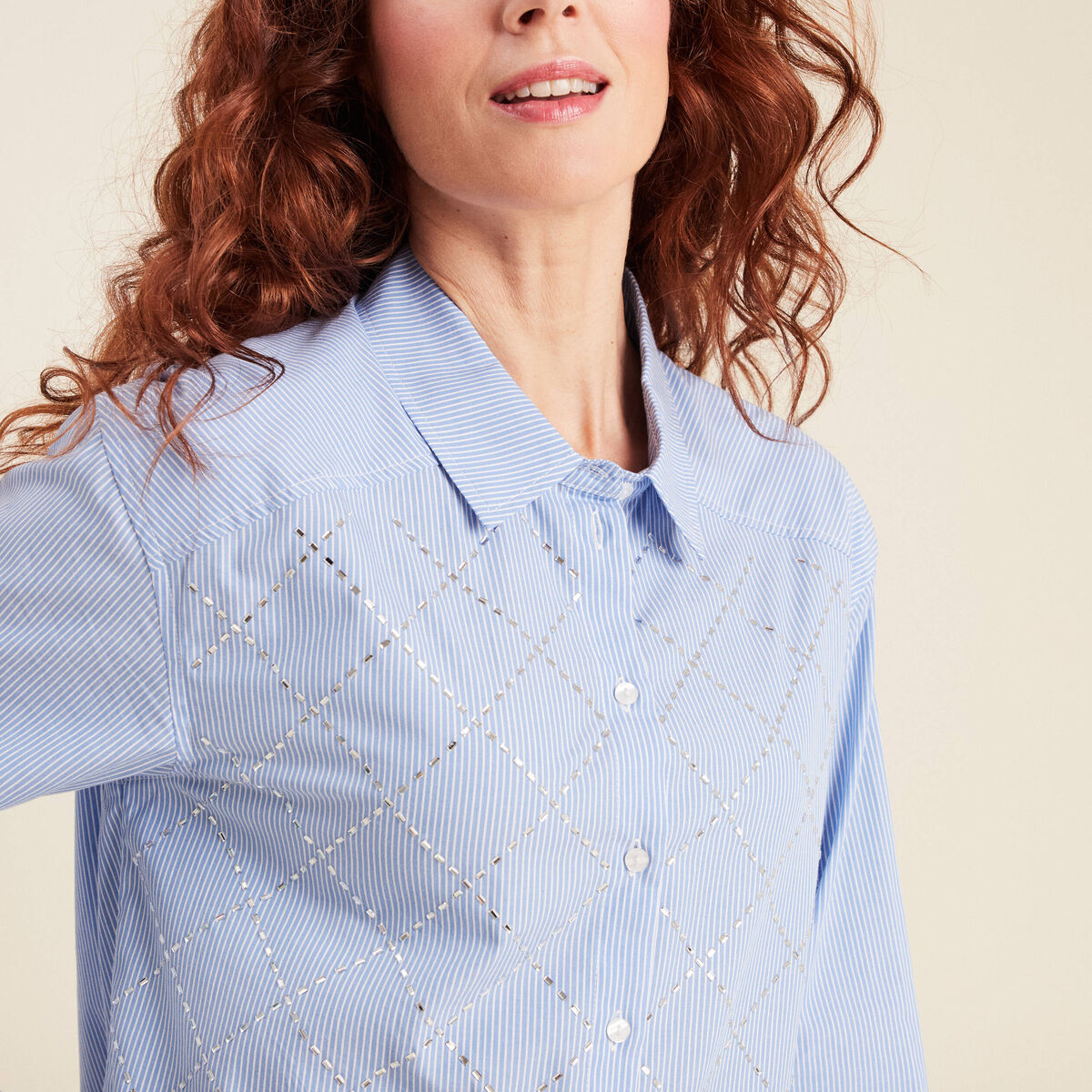 Chemise manches longues strass couleur argent femme
