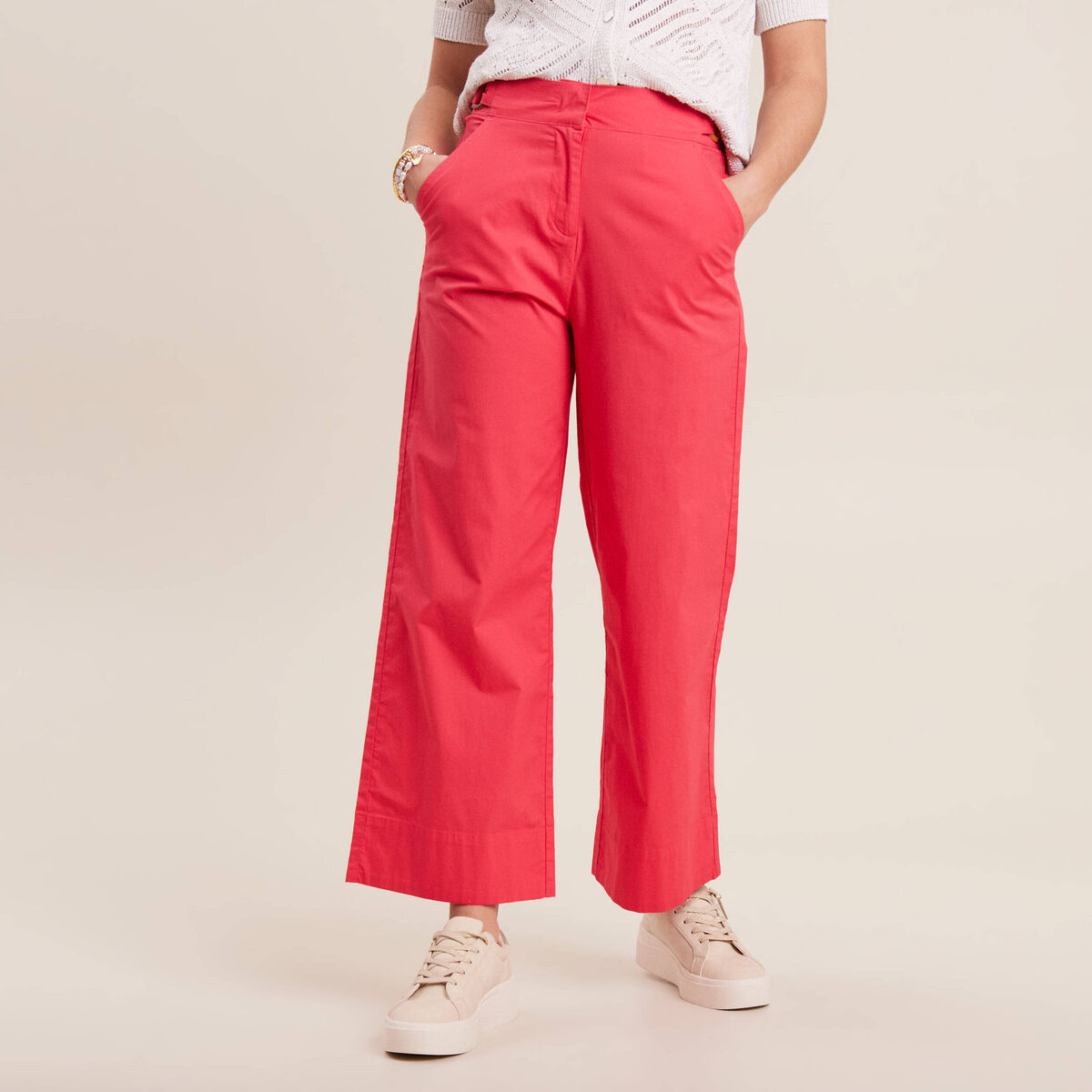 Pantalon flou ceintur&eacute; 7/8&egrave;me rose cerise femme