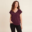 Top col v manches courtes en lin prune femme