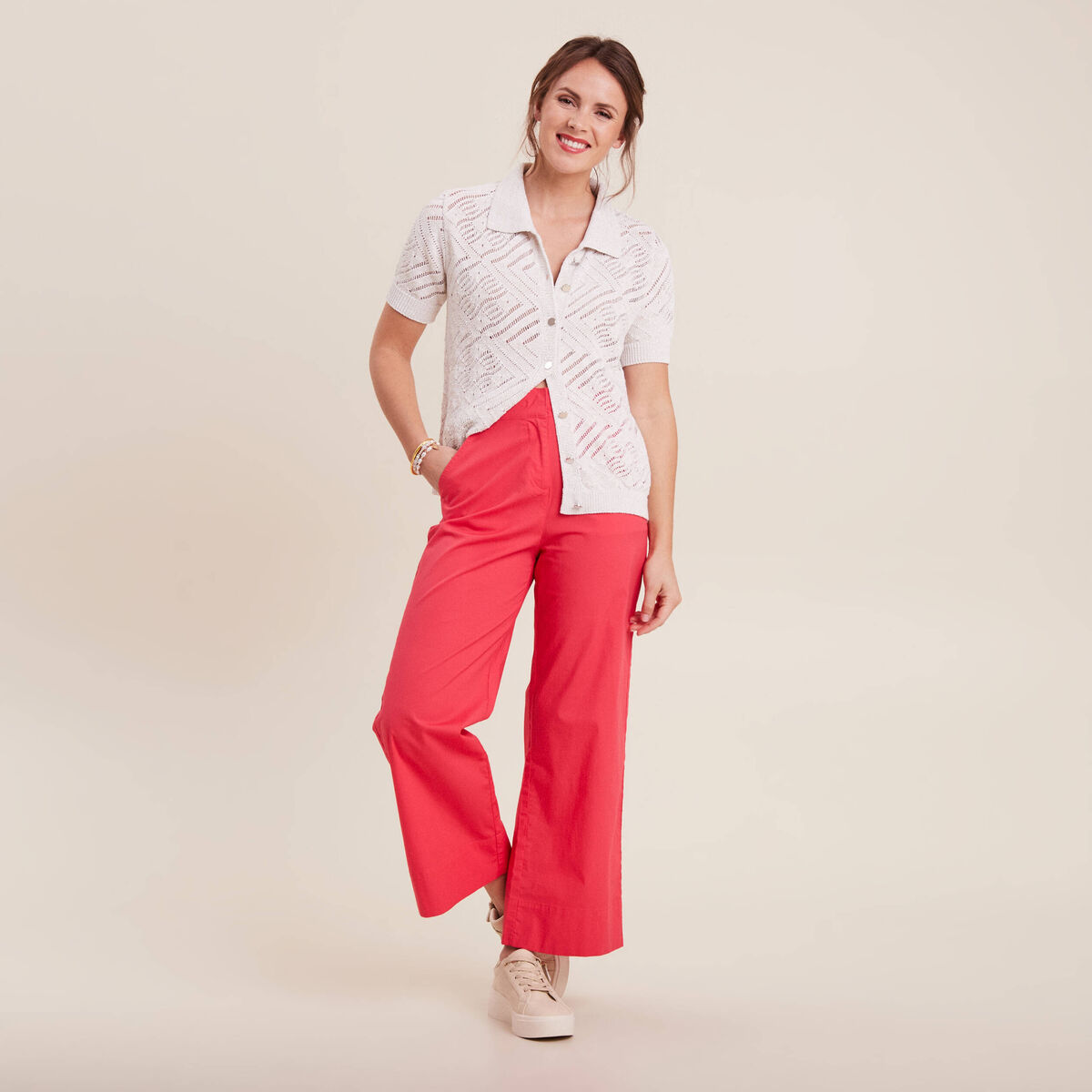 Pull manches courtes col polo ecru femme