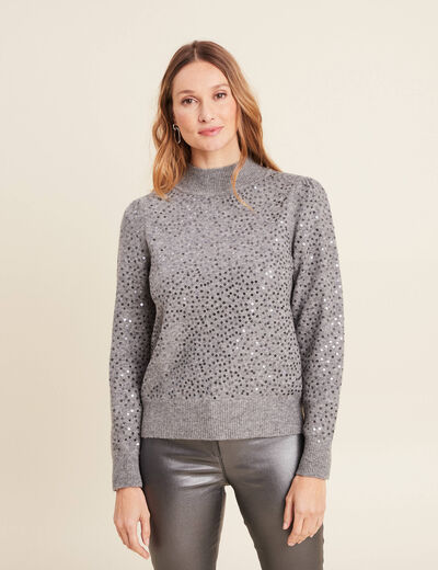 Pull manches longues sequins gris clair femme
