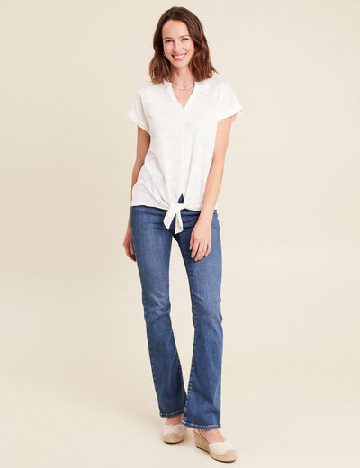 T-shirt col tunisien manches courtes blanc femme