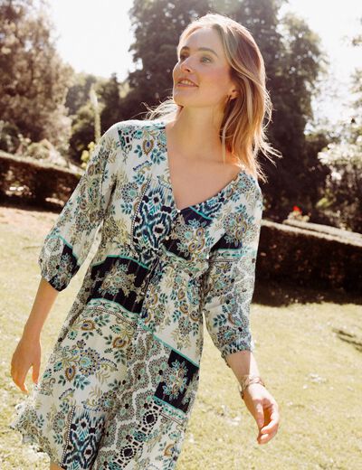 Robe évasée fluide manches 3/4 bleu femme