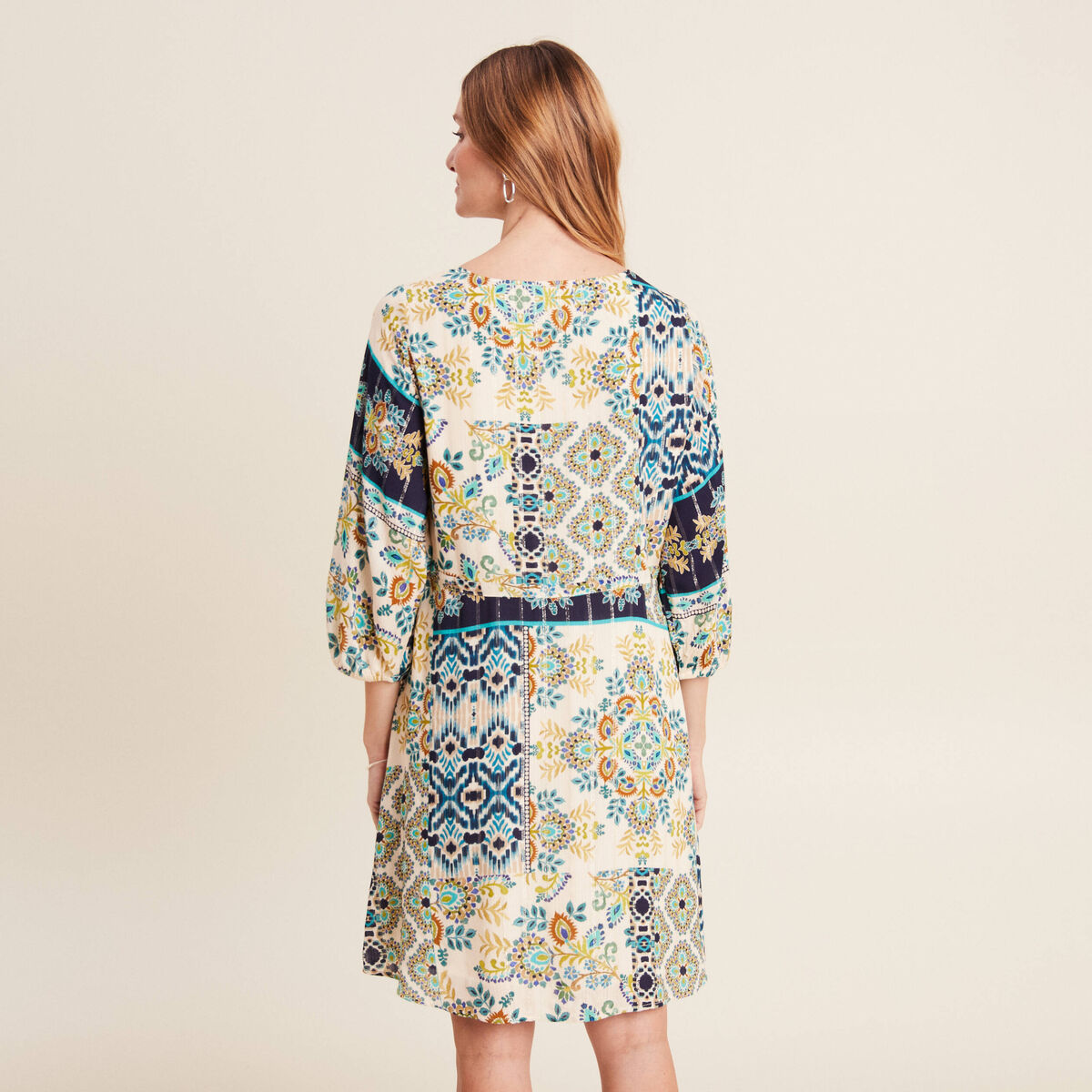 Robe évasée fluide manches 3/4 bleu femme