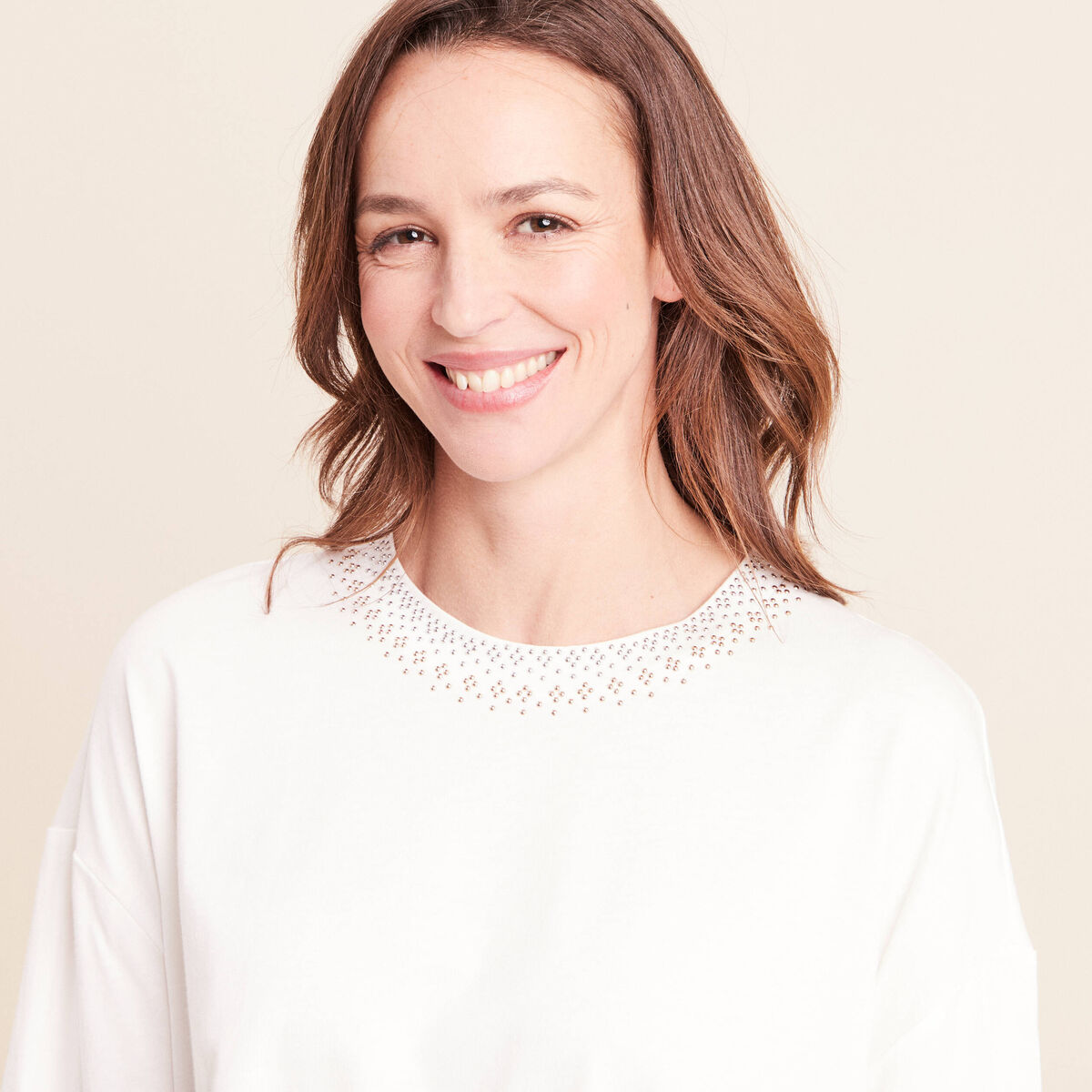T-shirt coupe droite manches coudes ecru femme