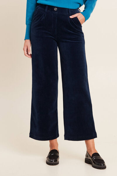 Pantalon large velours bleu marine femme