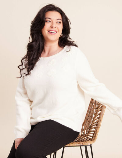 Pull brod&eacute; col rond manches longues ecru femme