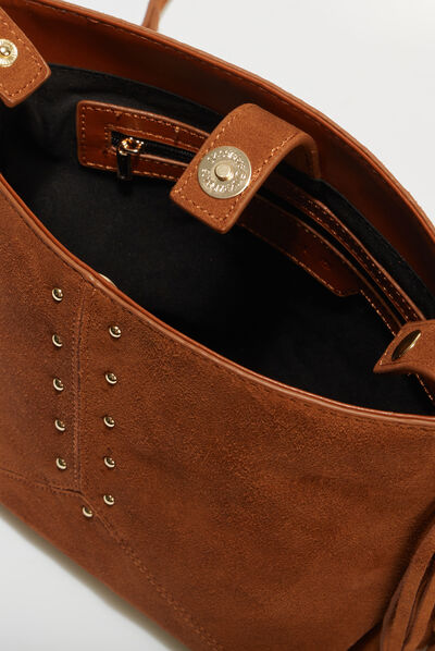 Sac seau à franges en cuir camel femme