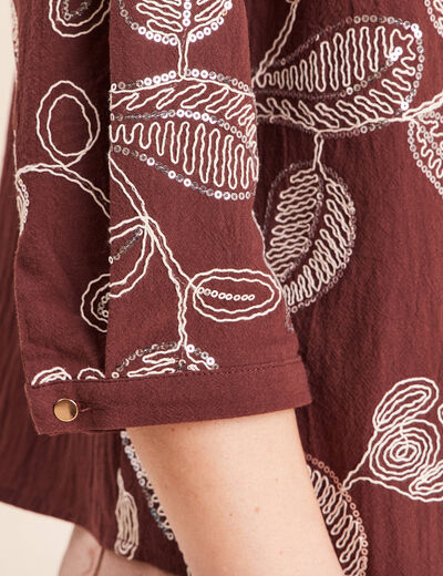 Blouse col tunisien manches 3/4 marron femme