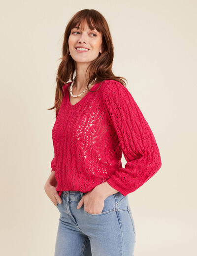 Pull manches 3/4 ajouré rose fushia femme