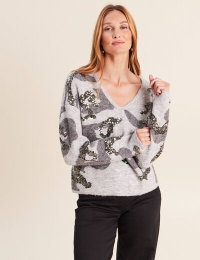 Pull col v &agrave; sequins gris femme