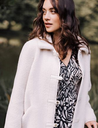 Manteau droit effet mouton ivoire femme