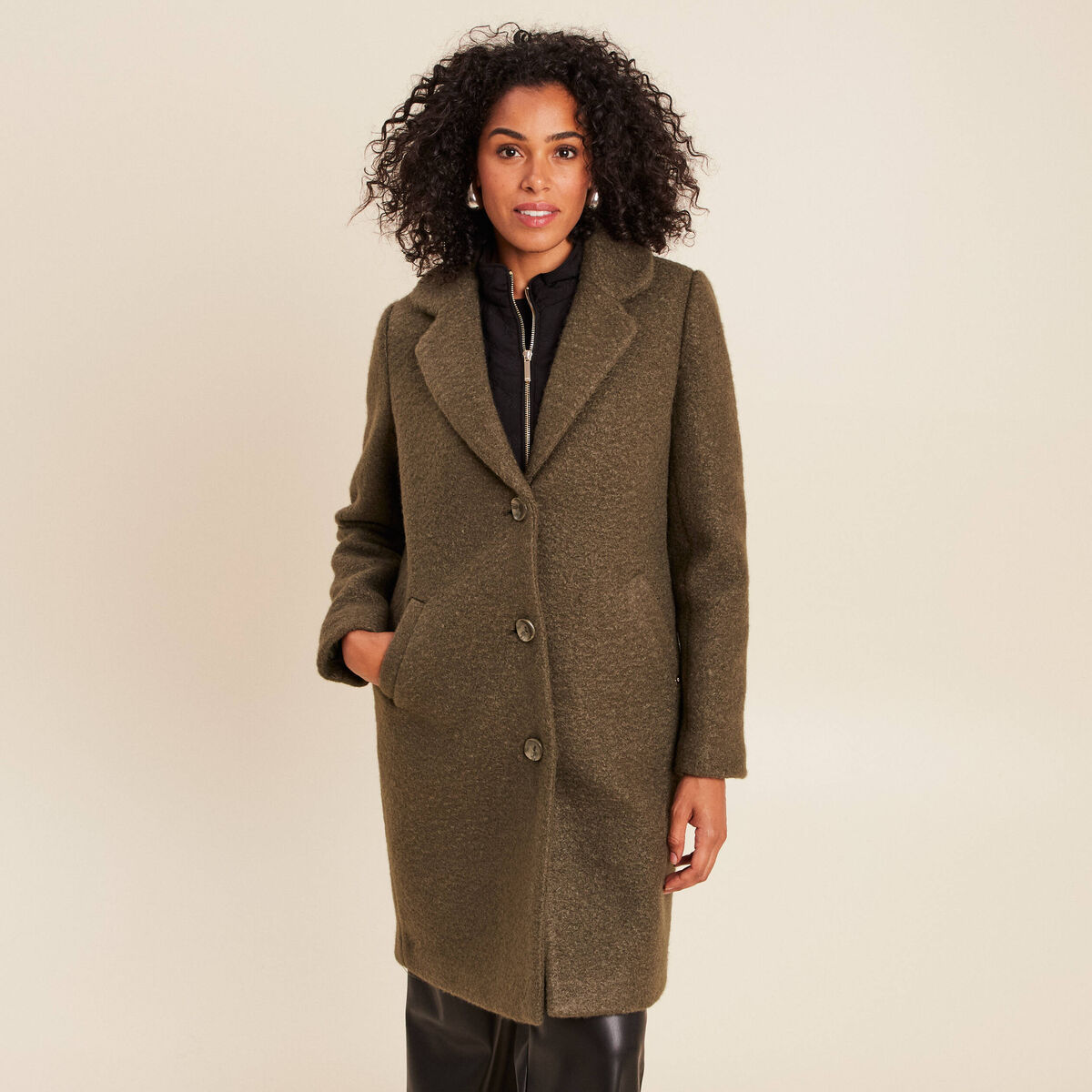 Manteau 3 en 1 col montant doubl&eacute; vert kaki femme