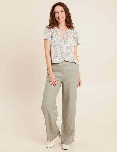 Pantalon large taille haute en lin vert clair femme