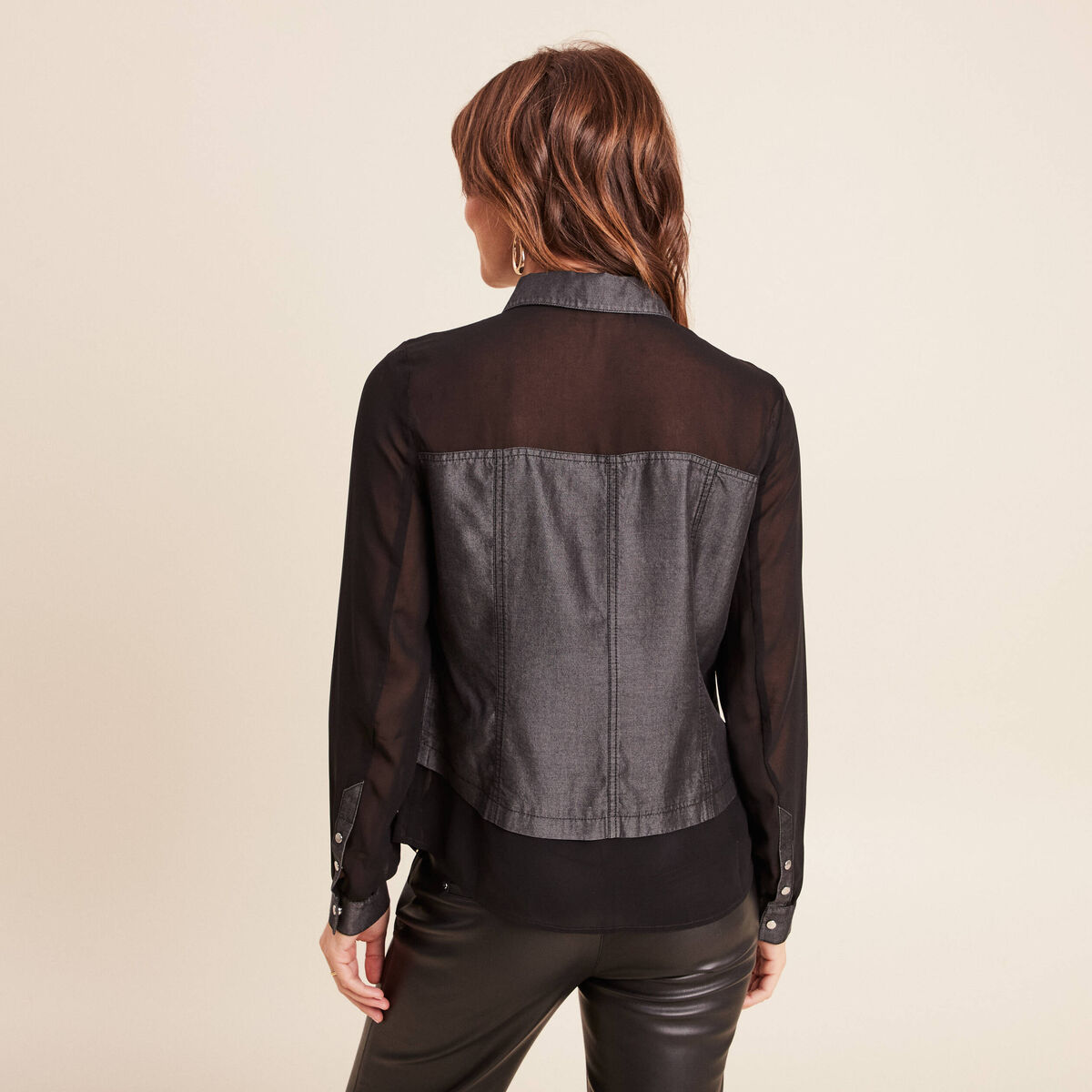 Chemise bi-mati&egrave;re manches longues denim gris femme