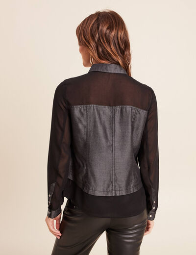 Chemise bi-mati&egrave;re manches longues denim gris femme