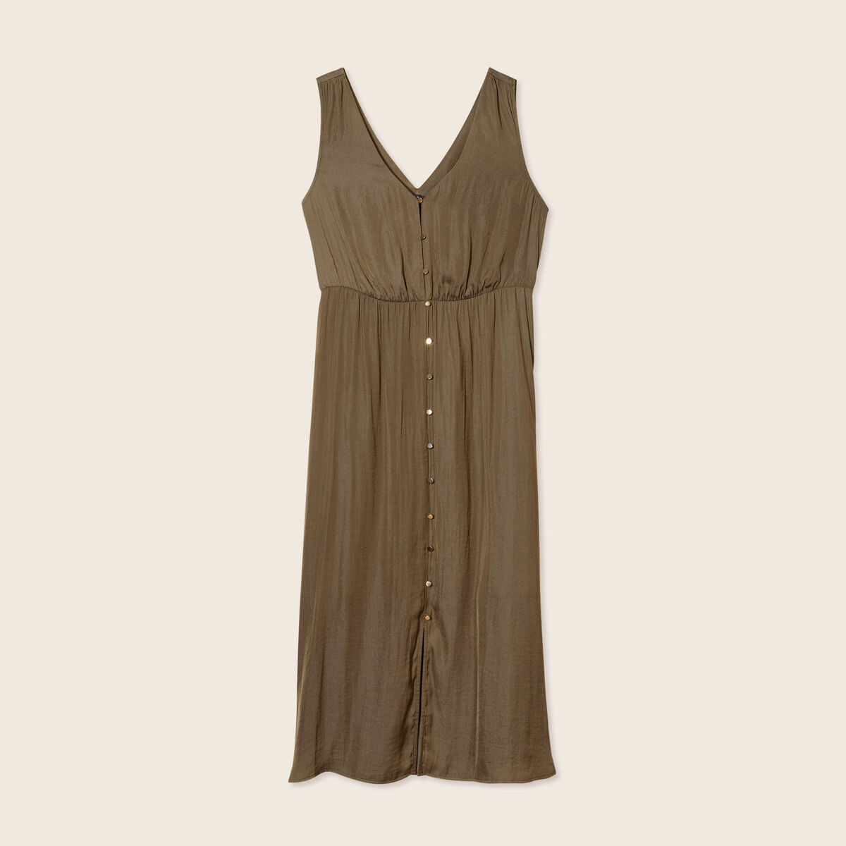 Robe midi évasée satin vert kaki femme