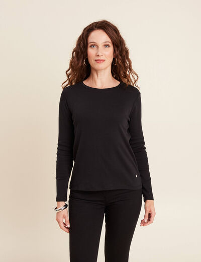 T-shirt ajusté col rond manches longues noir femme