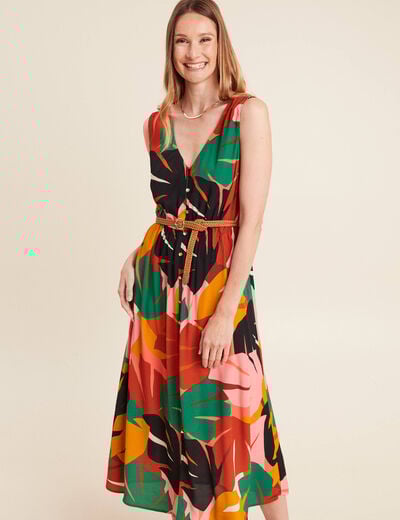 Robe midi évasée ceinturée multicolore femme