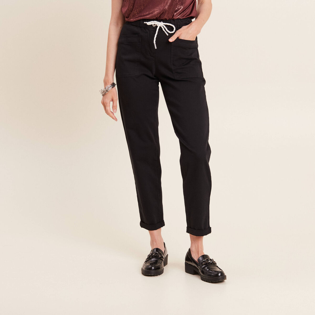 Pantalon coupe droite à coulisse noir femme