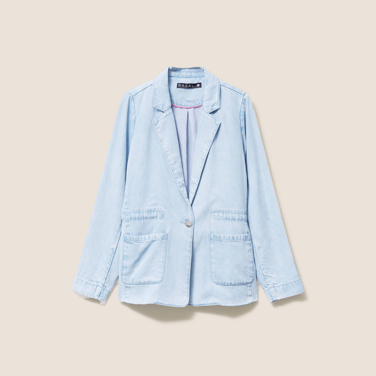 Veste longue cintr&eacute;e en jean doubl&eacute;e denim bleach femme