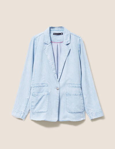 Veste longue cintr&eacute;e en jean doubl&eacute;e denim bleach femme