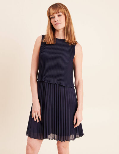 Robe pliss&eacute;e sans manches col rond bleu marine femme