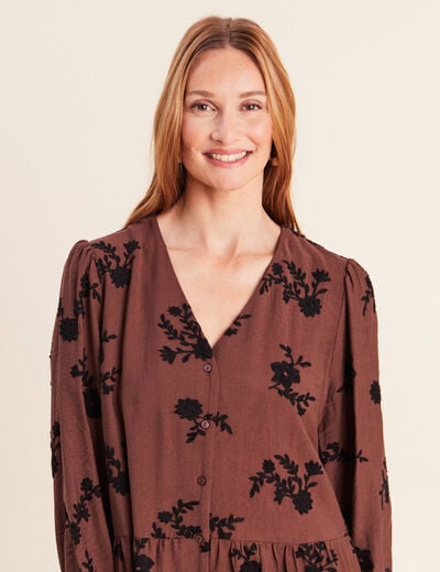 Robe courte &eacute;vas&eacute;e col v manches 3/4 marron femme