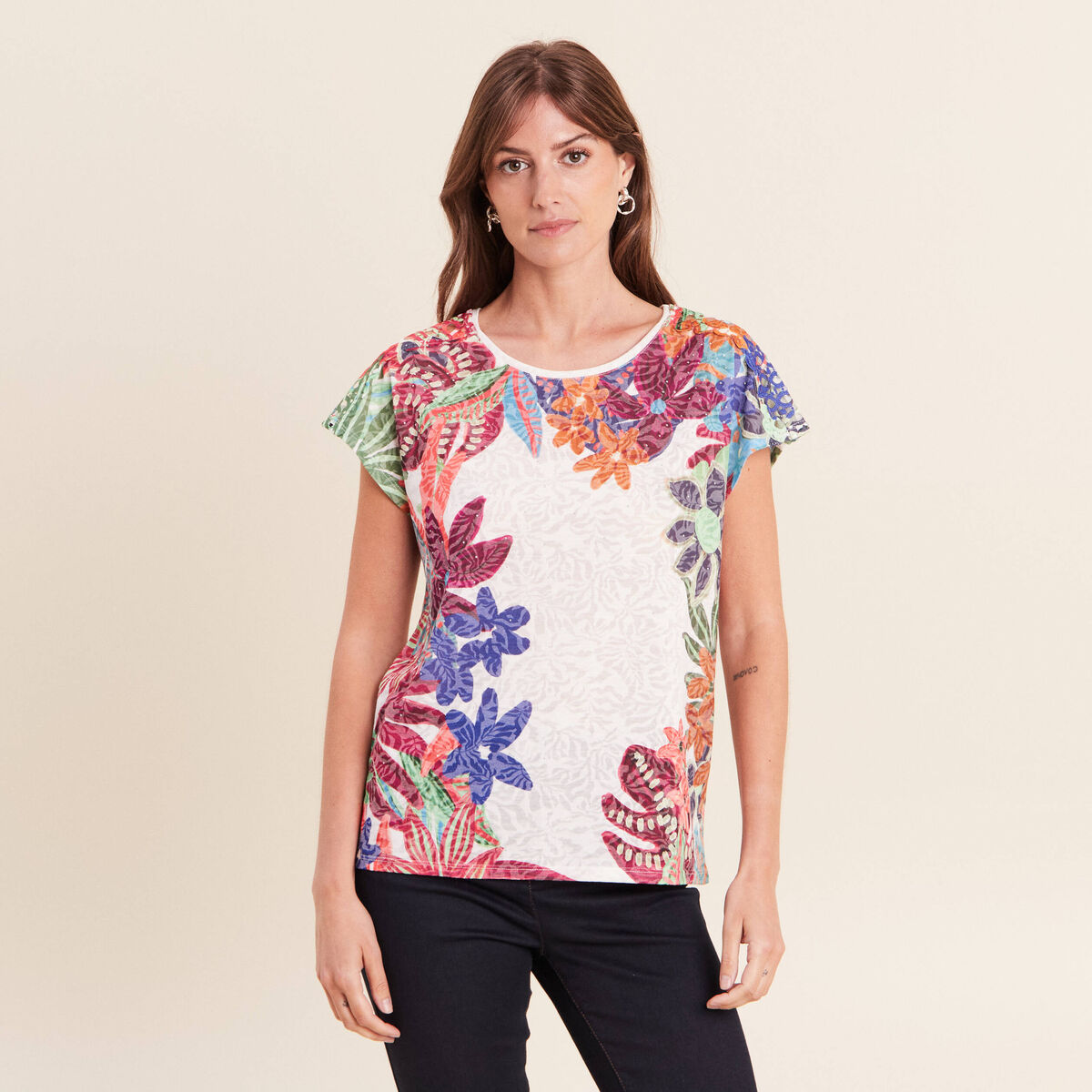 T-shirt droit col rond manches courtes ecru femme