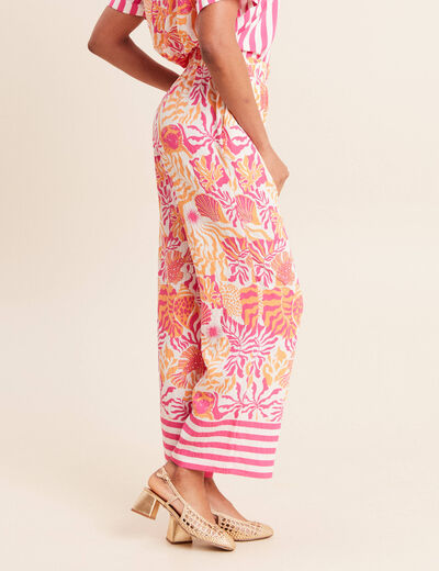 Pantalon fluide et large taille haute rose corail femme