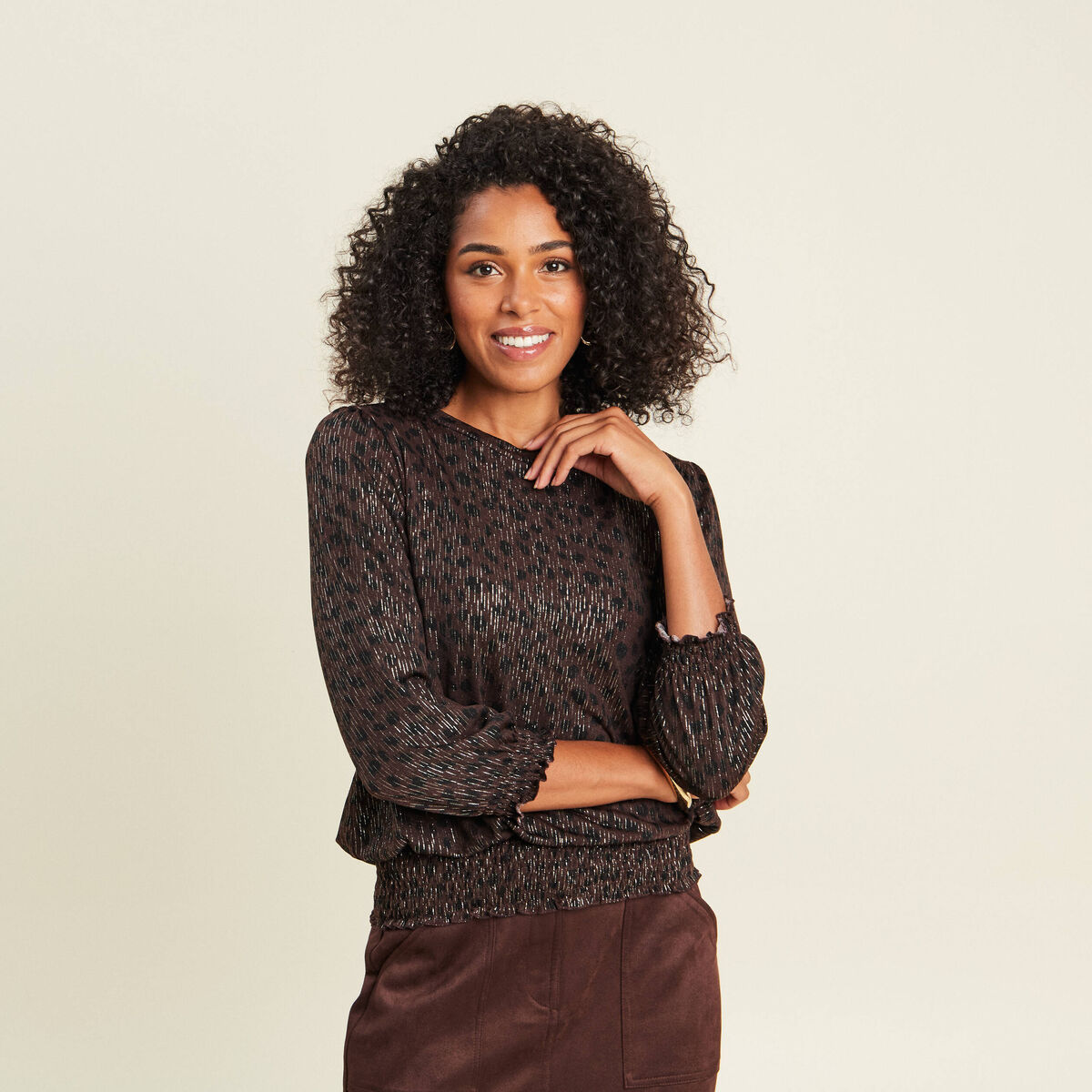 T-shirt col rond manches 3/4 marron fonc&eacute; femme