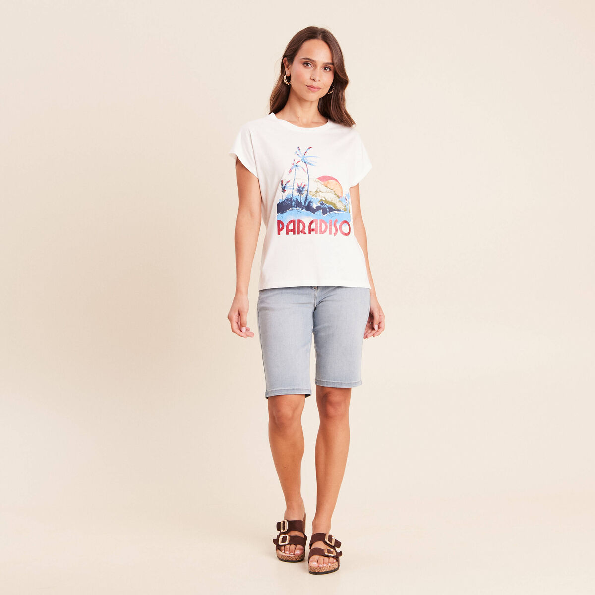 T-shirt col rond manches courtes ecru femme