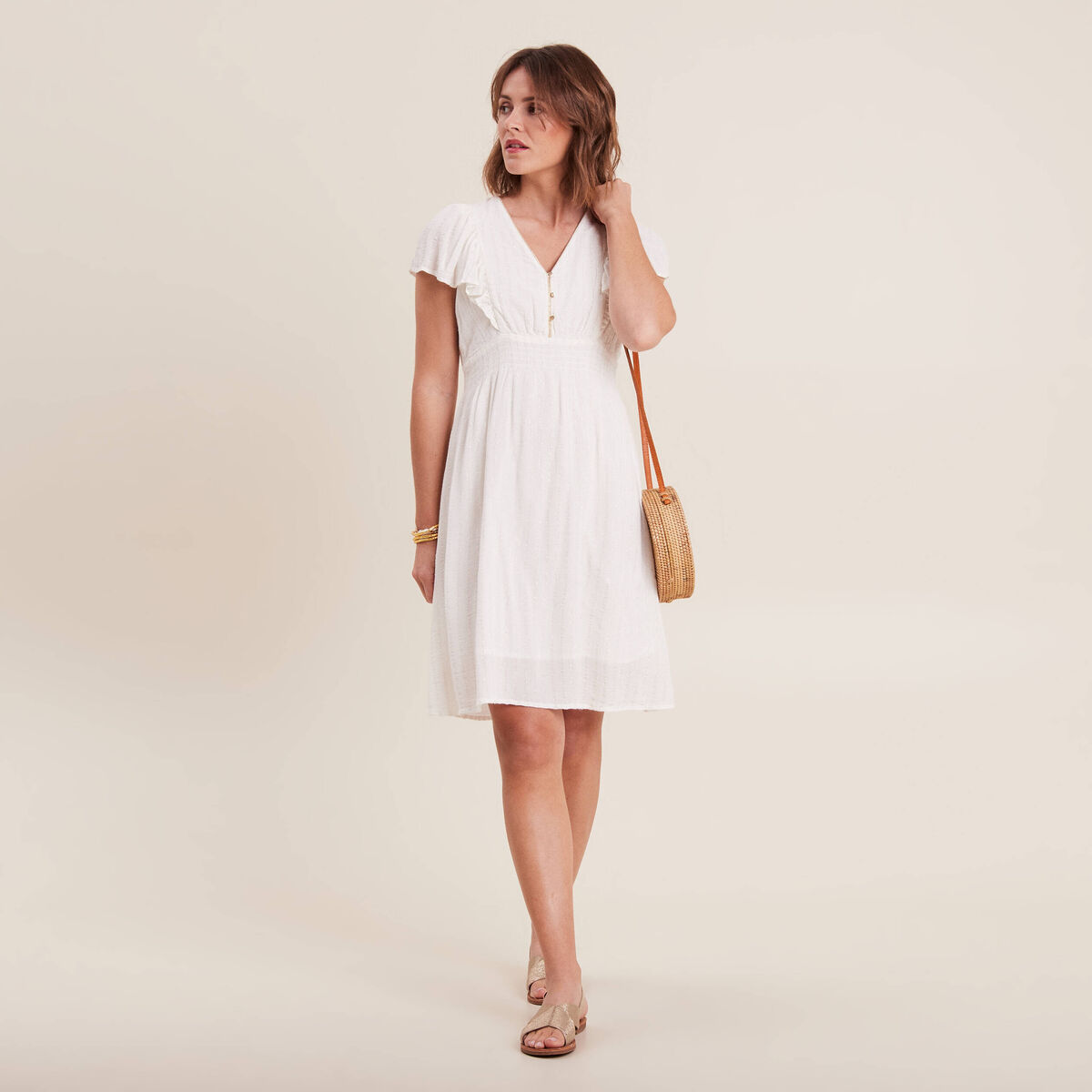 Robe droite fluide smock&eacute;e ecru femme