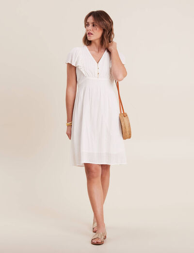 Robe droite fluide smockée ecru femme